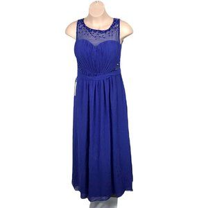 Starzz Beaded Long Formal Flowing Blue Dress ~ Sz 16 ~ Sleeveless ~ High Neck